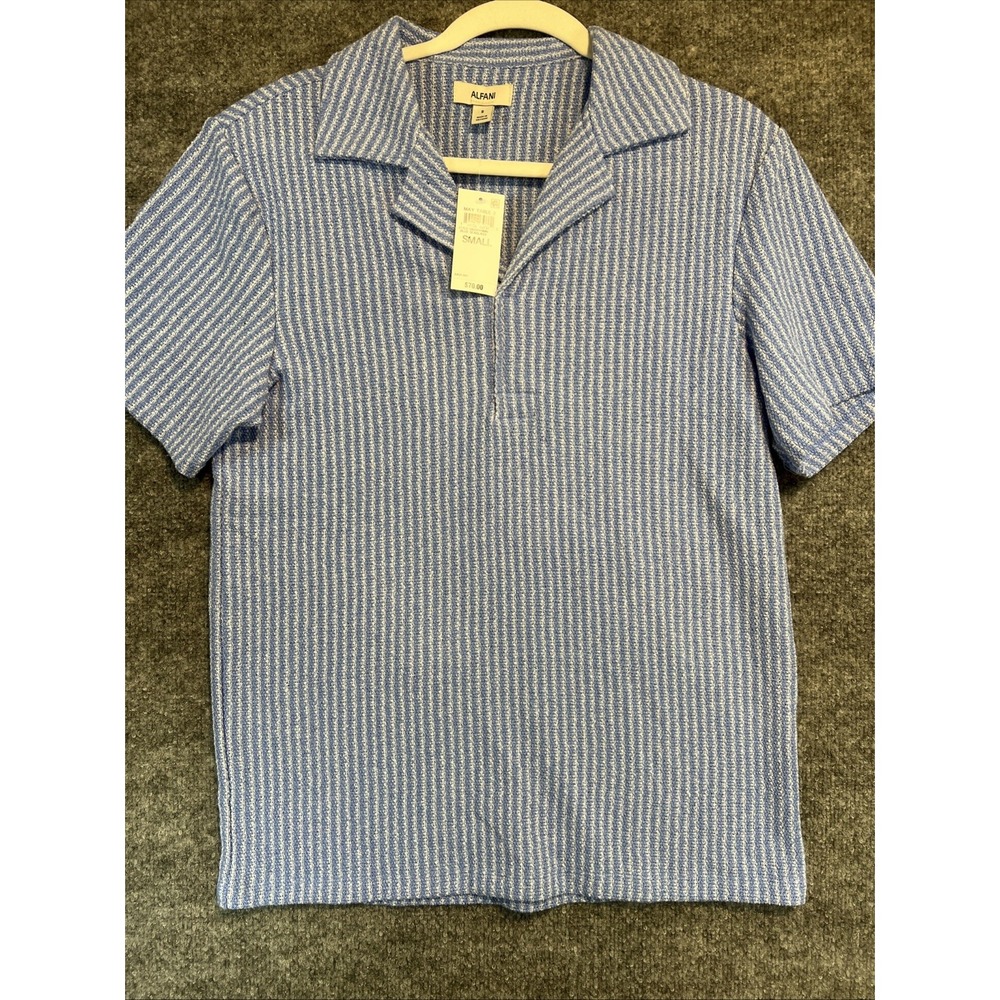 NWT Alfani Men's Boucle Stripe Knit Polo Shirt - Blue Seaglass Small
